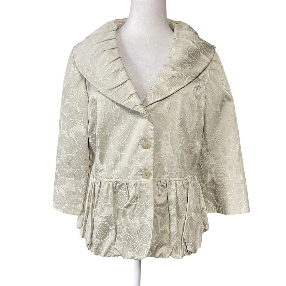 J Jill Jacket Womens 12 Cream Green Floral Peplum 3/4 Sleeve Stretch Elegant‎
